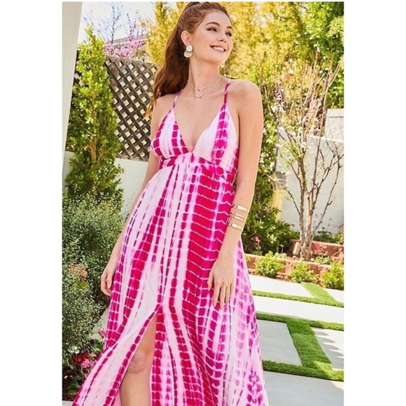 NWOT MAIN STRIP Hot Pink Tie Dye V-Neckline Maxi Length Dress with Front Slit - Picture 4 of 6